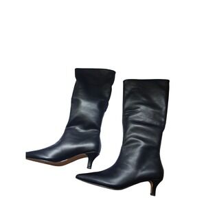 Beauty Ory Womens Black Faux Leather Pointed Toe Kitten Heel Mid-Calf Boots 8